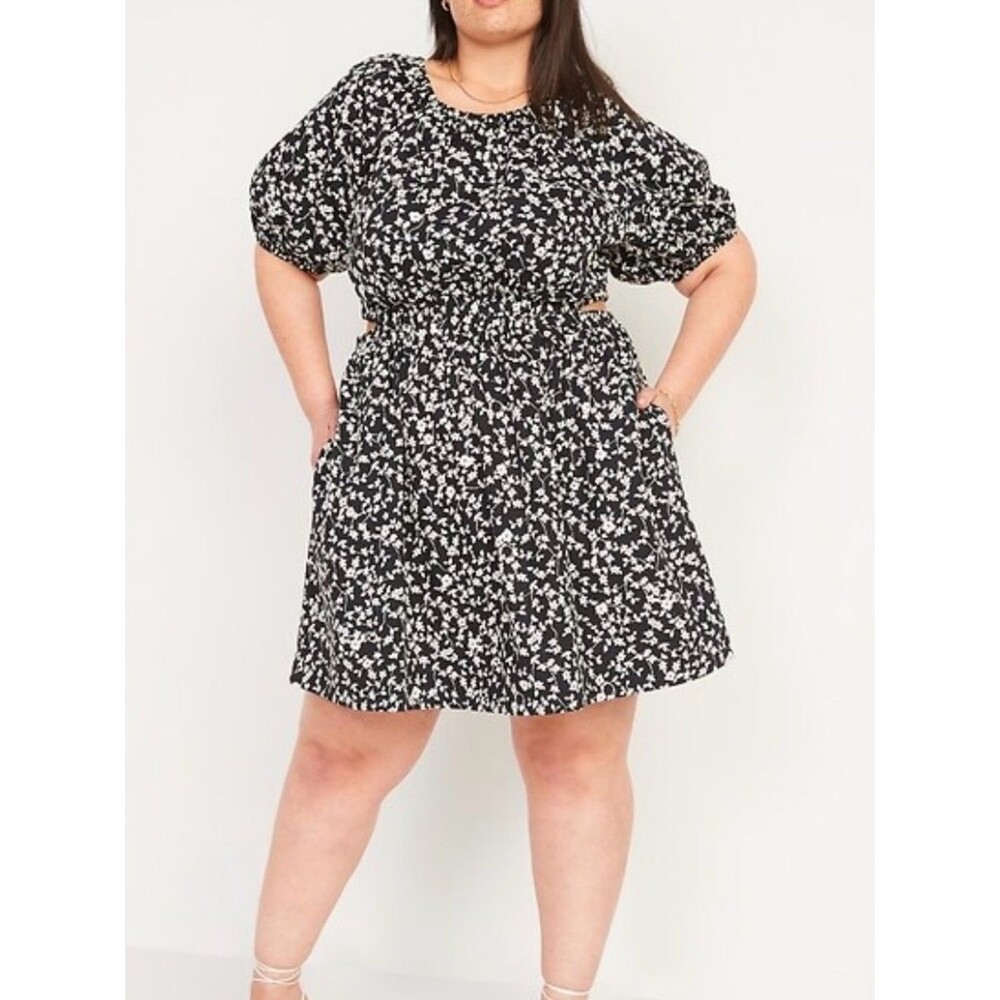 Old Navy Dress XXL Womens Black White Floral Cotton Puff Sleeve Cutout Mini